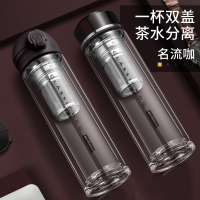 家柏饰(CORATED)双层玻璃杯茶水分离泡茶杯男女便携隔热透明水杯子 名流咖（一杯配双盖茶水分离）