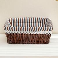 收纳筐藤编储物盒柳编篮子藤编果篮桌面零食整理盒杂物框编织布艺 咖啡色+条纹内衬 三号35X25X14