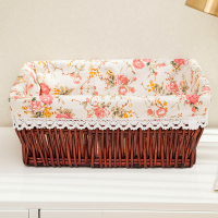 收纳筐藤编储物盒柳编篮子藤编果篮桌面零食整理盒杂物框编织布艺 红棕色+玫瑰花内衬 三号35X25X14