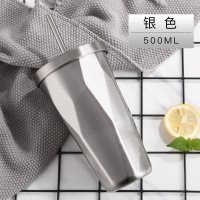 家柏饰(CORATED)菱形渐变简约带吸管的杯子风水杯成年大容量不锈钢奶茶杯 银色