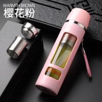 大容量玻璃水杯双层简约清新森系便携男士过滤茶水分离泡茶杯子女 粉色580ML(长茶隔升级款)+杯刷