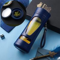 家柏饰(CORATED)大容量玻璃水杯双层简约清新森系便携男士过滤茶水分离泡茶杯子女 蓝色400ML+杯刷