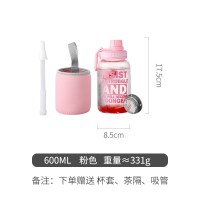 大容量玻璃杯水杯便携男运动健身吸管带盖过滤茶杯大号1000ml杯子 粉色600ml(送杯套+杯刷)