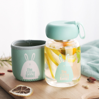 家柏饰(CORATED)迷你玻璃杯便携简约森系清新水杯女超萌小巧少女杯子 绿色380ml+杯刷杯套+表情贴