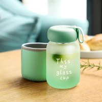 家柏饰(CORATED)迷你玻璃杯便携小巧学生水杯女韩版小型杯子简约风花茶杯 磨砂渐变绿380ML+杯刷杯套+贴纸
