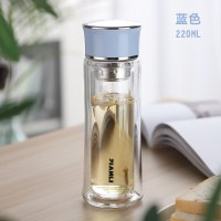 家柏饰(CORATED)创意双层玻璃杯女士便携简约学生水杯风清新森系少女杯子 蓝色+杯刷