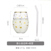 家柏饰(CORATED)金边玻璃水杯简约清新北欧森系家用饮料杯子早餐牛奶杯风 爱心金边杯+吸管