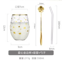 家柏饰(CORATED)金边玻璃水杯简约清新北欧森系家用饮料杯子早餐牛奶杯风 爱心金边杯+吸管+勺子