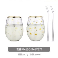 家柏饰(CORATED)金边玻璃水杯简约清新北欧森系家用饮料杯子早餐牛奶杯风 (爱心杯+雪花杯)+吸管*2