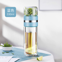 家柏饰(CORATED)双层玻璃茶杯便携男士水杯子茶水分离杯隔热迷你泡茶杯女一键过滤 蓝色大号款330ML