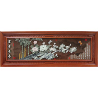 中式背景墙玉画挂件 客厅沙发单幅装饰画 东阳仿古木牌匾壁挂 梅花框富贵长青 82*22030mm厚板