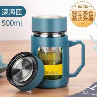 家柏饰(CORATED)玻璃杯女家用便携水杯少女风简约清新森系花茶杯子带把男 深海蓝茶水分离500ml