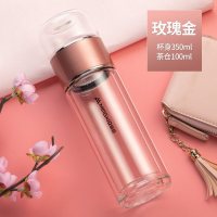 家柏饰(CORATED)双层玻璃杯男女士家用便携加厚水杯透明带盖茶水分离泡茶杯子 红色350ML