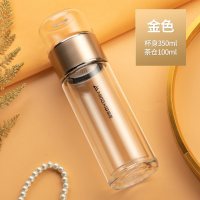 家柏饰(CORATED)双层玻璃杯男女士家用便携加厚水杯透明带盖茶水分离泡茶杯子 金色350ML