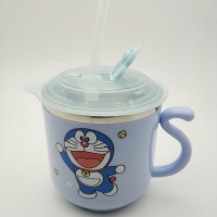 家柏饰(CORATED)儿童吸管直饮杯不锈钢防摔漏盖学饮水口杯宝宝牛奶杯带刻度杯 蓝色猫280ML送吸管杯刷吸管刷
