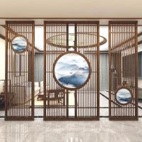 新中式屏风隔断客厅入户北欧栅栏轻奢风屏风实木镂空半透纱画座屏 定制120*200cm胡桃木 整装