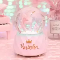 美帮汇花边独角兽飘雪水晶球 灯光音乐粉色桌面摆件 少女心