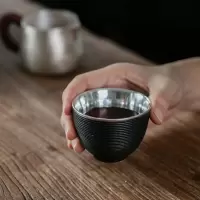 美帮汇鎏银999莲蓬银包瓷品茗杯茶杯茶盏大茶杯银茶杯小杯主人杯
