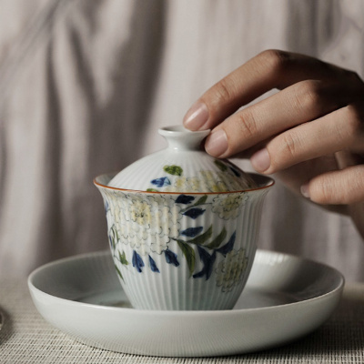 美帮汇菊瓣盖碗茶杯手绘绣球花景德镇茶碗单个茶具泡茶套装棱盖碗