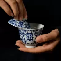 美帮汇景德镇手绘青花盖碗囍三才盖碗小号泡茶碗冲茶茶壶陶瓷茶碗