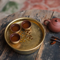 美帮汇复古铜茶盘手打铜铜茶海圆形铜钱紫铜储水式大号仿古潮汕茶船