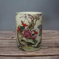美帮汇同治粉彩富贵花鸟笔筒家居装饰展柜书房办公摆件仿古做旧收藏