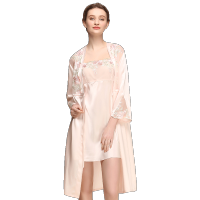 美帮汇新100桑蚕丝吊带睡裙两件套秋冬蕾丝花边睡衣女真丝睡袍