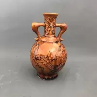 美帮汇景德镇仿古陶瓷清乾隆釉刻龙纹双耳花瓶家居摆件做旧收藏古玩