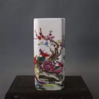 美帮汇景德镇仿古陶瓷乾隆粉彩祥凤来仪花鸟四方高笔筒家居桌面收纳摆件