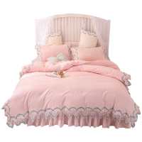 美帮汇床上四件套床裙带花边少女床罩粉色法式被套蕾丝公主