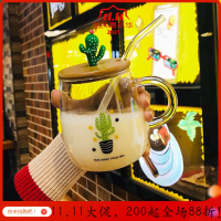 美帮汇玻璃杯女带把带盖勺奶昔杯牛奶杯子耐热办公室水杯带吸管超萌