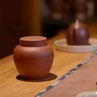 美帮汇潮州朱泥密封茶叶罐双层盖手拉红泥醒茶罐迷你便携陶瓷茶仓储茶罐