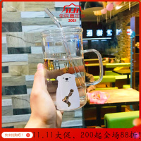 美帮汇玻璃杯女带盖带把吸管杯超萌大容量马克杯办公室水杯奶昔杯子