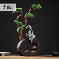 美帮汇中式禅意风化木陶瓷家居仿迎客松盆景客厅办公装饰工艺品摆件