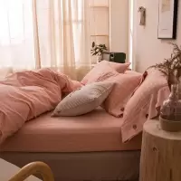 美帮汇简约棉麻四件套亚麻色格子纽扣素色被套床单床上用品被罩1.8m米