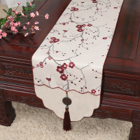美帮汇新中式古典玉桌旗茶几长条布艺中国风桌布床柜旗电视柜盖布 万福梅花红白 34*300适合桌长240-250CM