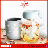 美帮汇迷你玻璃杯便携小巧学生水杯女韩版小型杯子简约风花茶杯 蓝色380ML(送杯刷杯套)