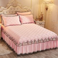 美帮汇床罩床裙式单件床套床群带蕾丝花边款公主风少女夹棉加厚床单围裙 玉色 180x200[床裙+2个枕套]