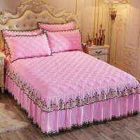 美帮汇床罩床裙式单件床套床群带蕾丝花边款公主风少女夹棉加厚床单围裙 粉色 200x220[床裙+2个枕套]