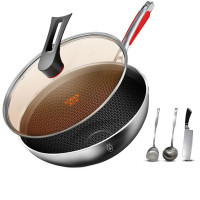 康巴赫炒锅不粘锅抗菌不锈钢炒菜锅32cm蜂窝锅电磁炉燃气灶通用配刀铲勺 抗菌不锈钢炒锅32cm配刀铲勺