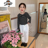 儿童条纹t恤长袖春秋款2023韩版女童蝴蝶结上衣弹力宝宝打底衫潮 七色王国T恤