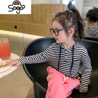 香港靓妞女童长袖T恤春秋款儿童帽衫体恤条纹泫雅风薄款宝宝上衣 七色王国