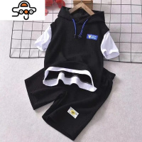 儿童华夫格套装夏装2022新款男童连帽休闲短袖T恤薄款中大童短裤 七色王国