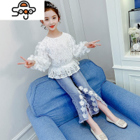 女童春装套装2022新款洋气喇叭裤蕾丝时髦中大童儿童网红两件套秋 七色王国