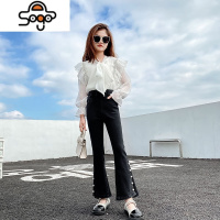 女童春秋款洋气衬衫套装2022新款韩版中大童弹力牛仔喇叭裤两件套 七色王国