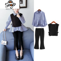 女童秋装套装2022新款中大童儿童秋季小女孩衬衫马甲喇叭裤三件套 七色王国