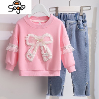 女童春秋套装2022新款洋气蝴蝶结卫衣裤脚开叉钉珠牛仔裤两件套潮 七色王国