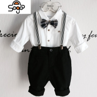 男童周岁礼服套装 小孩子花童摄影演出服儿童白衬衫黑背带裤洋气 七色王国