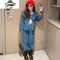 女童套装秋装2022新款韩版春秋中大童洋气披肩牛仔外套长裤两件套 七色王国