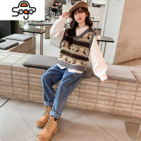 女童秋装马甲套装2022新款韩国童装秋季中大童三件套小学生少女装 七色王国